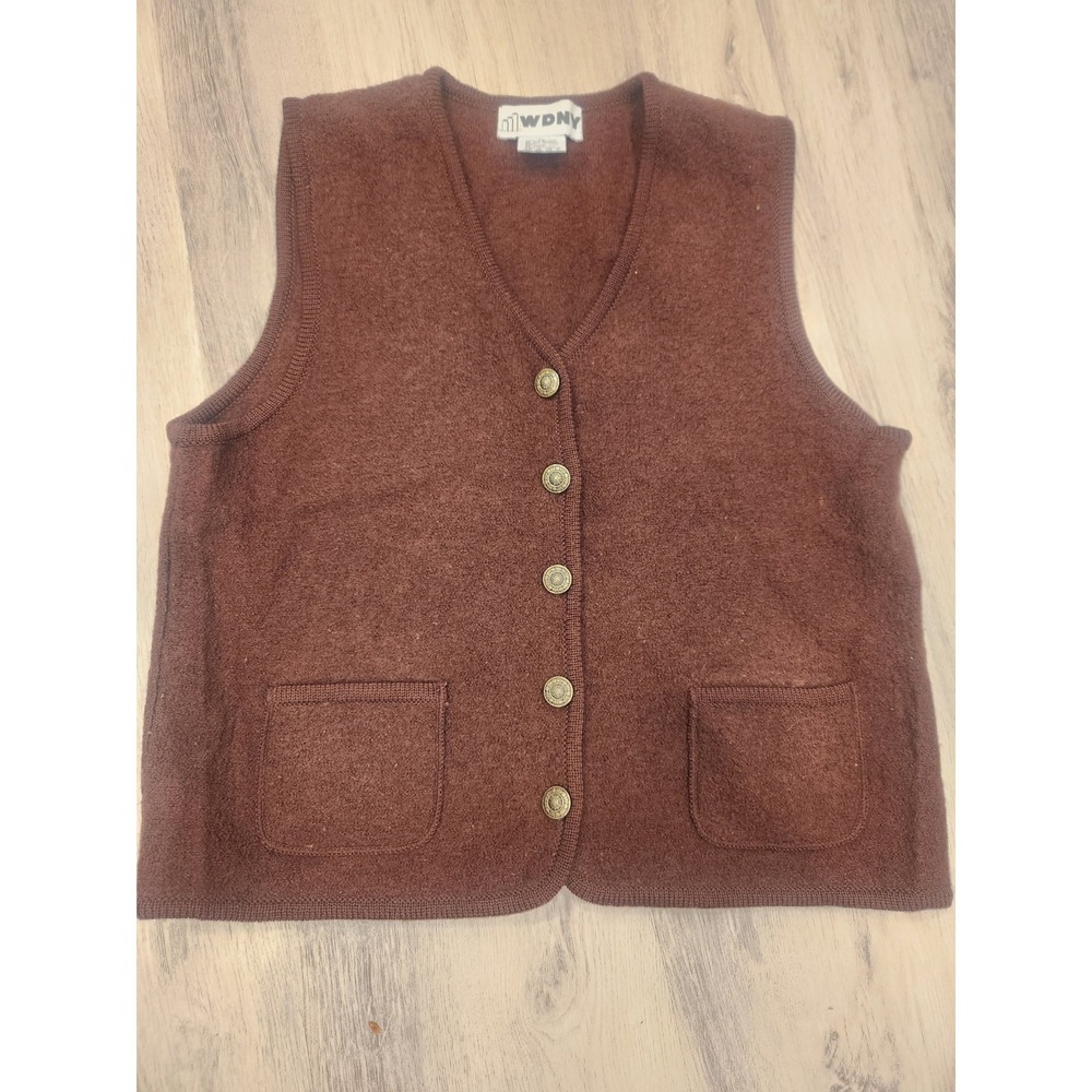 Vintage WDNY 100% Wool Vest Women Medium Burgundy W/Gold Buttons & Front Pockets